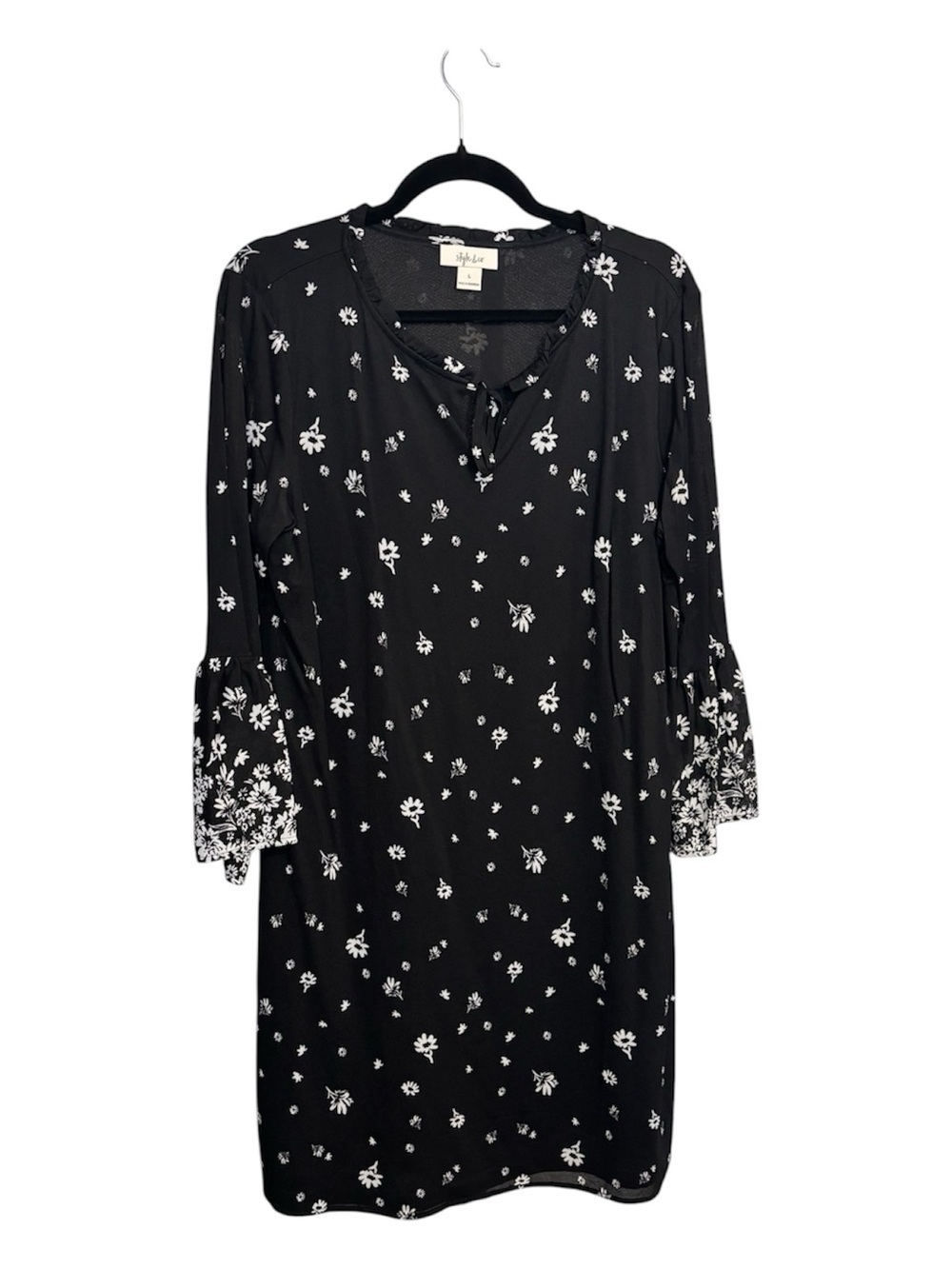 Style & Co Black Floral Shift Dress with White Floral Print 3/4 Sleeve Size L
